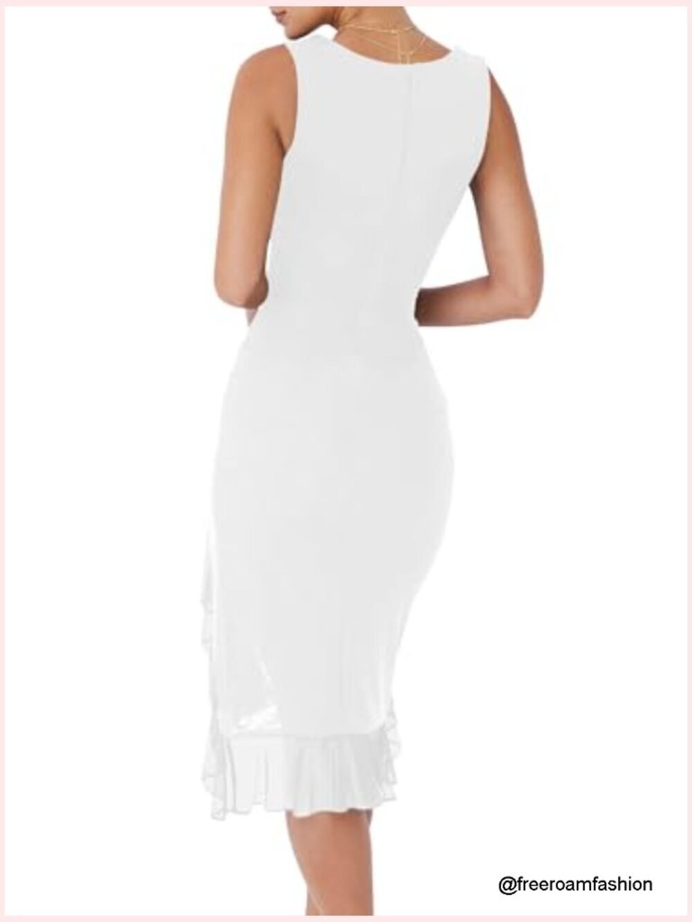 Sexy Ruched Bodycon Midi Dress Square Neck Sleeveless Ruffle Hem Tank Club Party - Picture 2 of 7